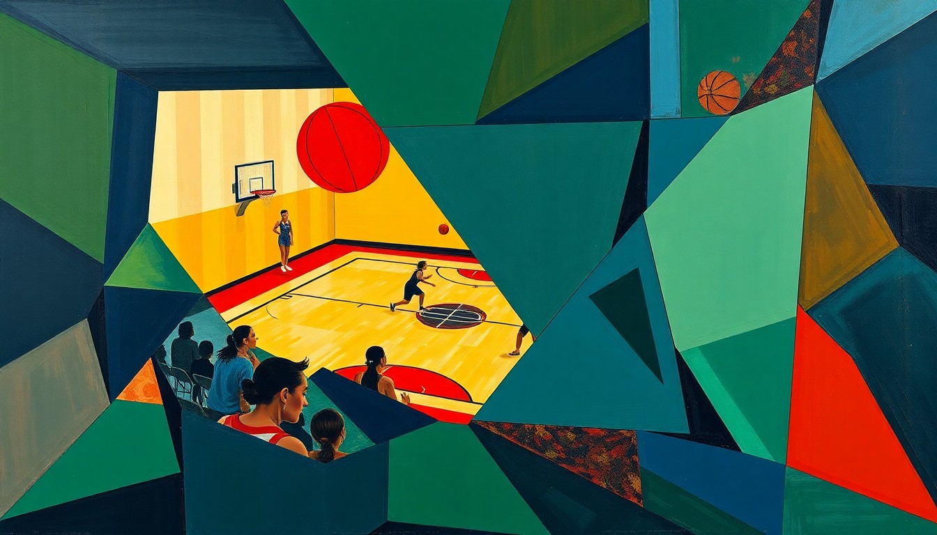 A cubist-style painting featuring fragmented, geometric shapes in navy, green, and red, conceptually representing the disruption and uncertainty caused by a player's transfer from the Wisconsin women's basketball team.