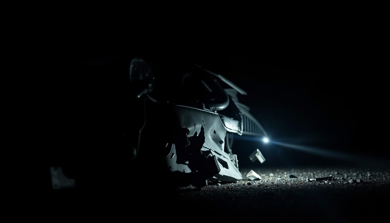 An extreme close-up photograph of a damaged car part or piece of debris from the crash site, lit by a harsh, direct camera flash against a pitch-black background, conveying the stark, gritty, and investigative nature of the incident.