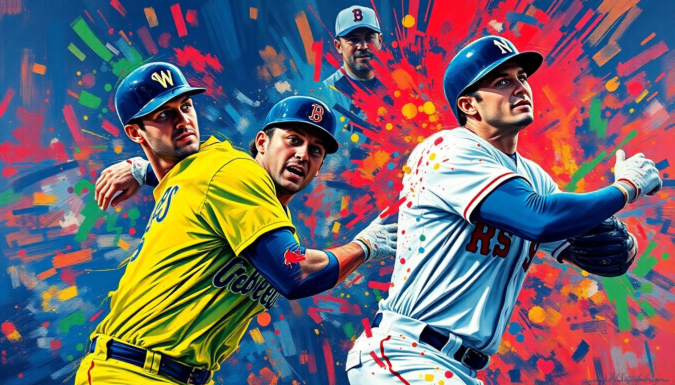 An abstract, energetic painting with vibrant brushstrokes of neon blues, greens, and reds, capturing the dynamic action and emotion of a close baseball game between the Brewers and Red Sox.