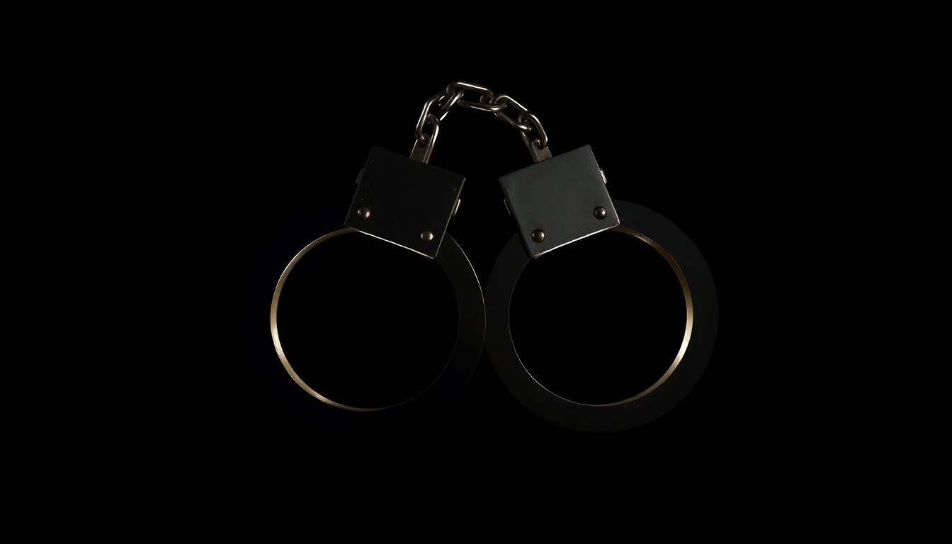 An extreme close-up photograph of a set of handcuffs against a pitch-black background, creating a stark, gritty, investigative aesthetic through the use of harsh, direct lighting.
