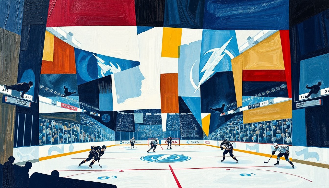 A cubist-style painting featuring overlapping geometric shapes and planes in blue, white, and lightning bolt yellow, conceptually representing the high-intensity hockey match between the Buffalo Sabres and Tampa Bay Lightning.