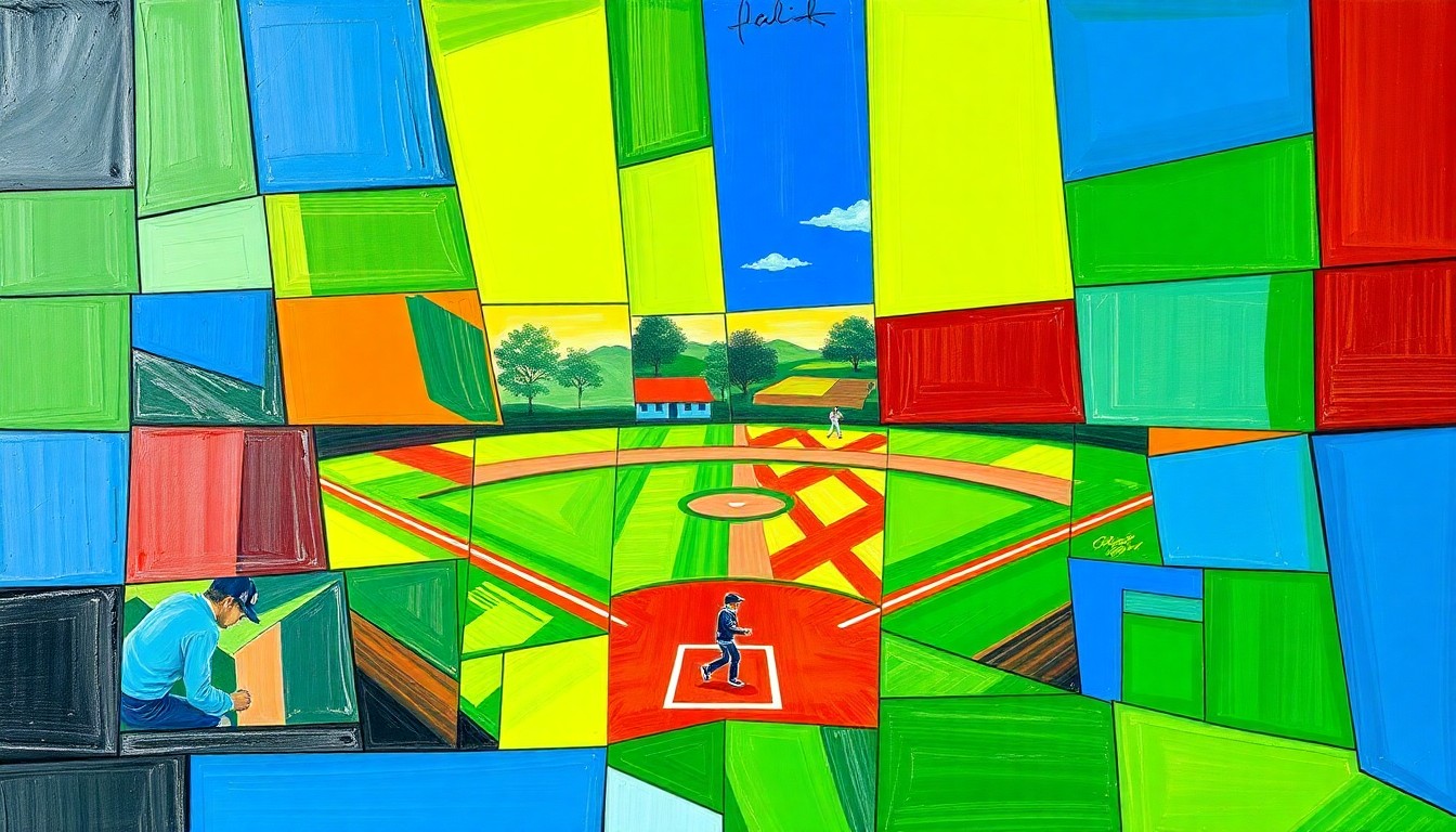 A fragmented, geometric painting in bold colors depicting the dynamic motion and competition of a high school softball game.