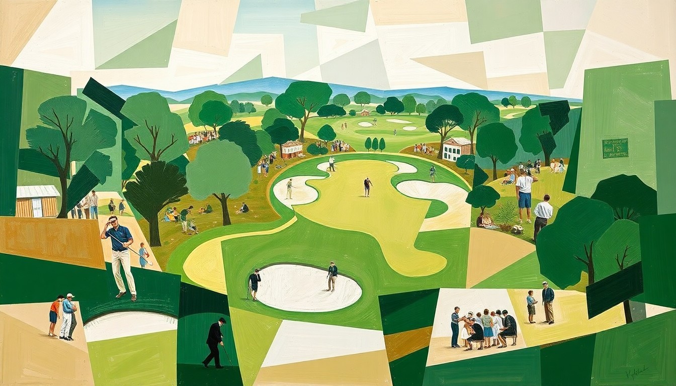 A cubist, geometric painting depicting a fragmented golf tournament scene with overlapping planes of green fairway, white sand traps, and tan clubhouse structures, conveying the disruption caused by Tiger Woods' absence from the event.