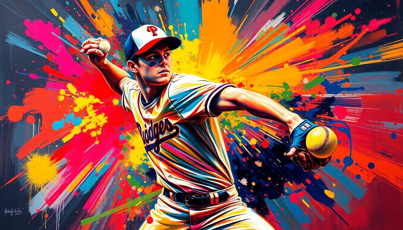 An extreme close-up of a high school baseball pitcher delivering a pitch, with the player's form and the ball leaving a trail of vibrant, expressionist brushstrokes in neon colors, capturing the raw energy and motion of the moment.
