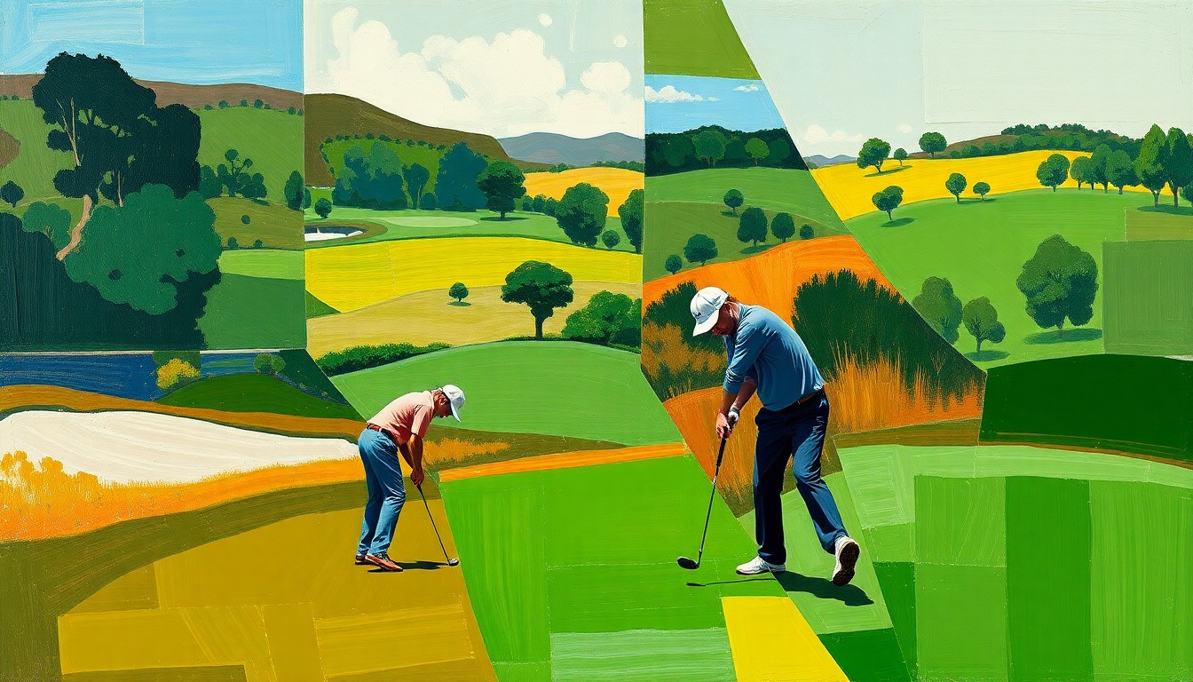 A cubist-style painting depicting a fragmented golf course scene with two players, one in the foreground and one in the background, rendered in overlapping geometric shapes and planes of green, brown, and blue hues.