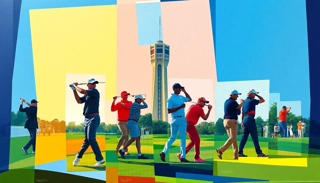 A cubist, geometric painting depicting the final round of the Valero Texas Open, with abstract shapes and forms representing the golfers and the iconic Valero Tower in the background.