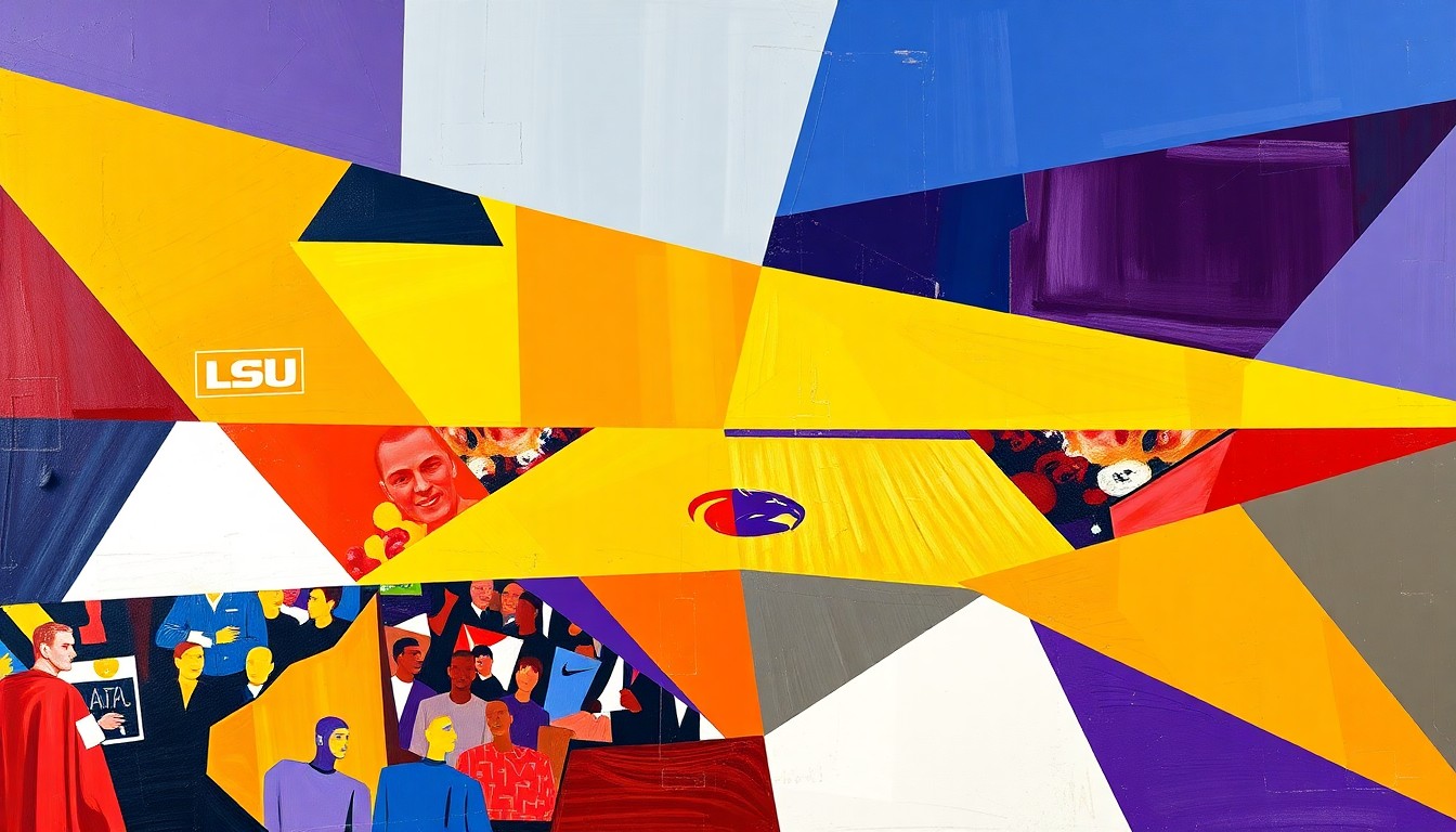 A cubist, geometric painting depicting a college basketball game in progress, with the court and players broken down into sharp, overlapping planes of red, white, purple, and gold, reflecting the team colors of NC State and LSU.