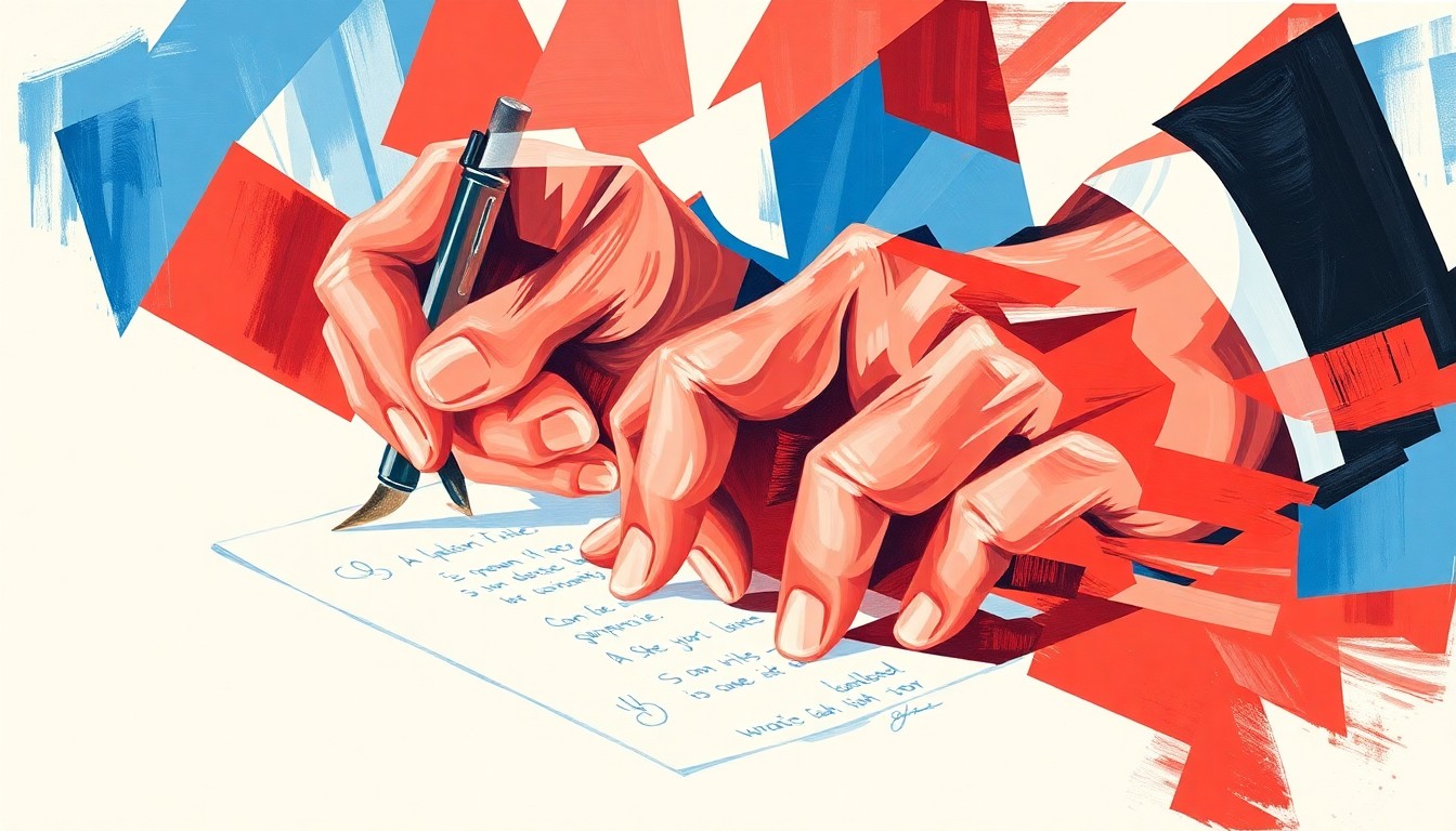 A vibrant, abstract painting of a hand rapidly signing documents, the motion repeated in overlapping, geometric waves of patriotic red, white, and blue colors, conveying a sense of speed and energy around the political controversy.