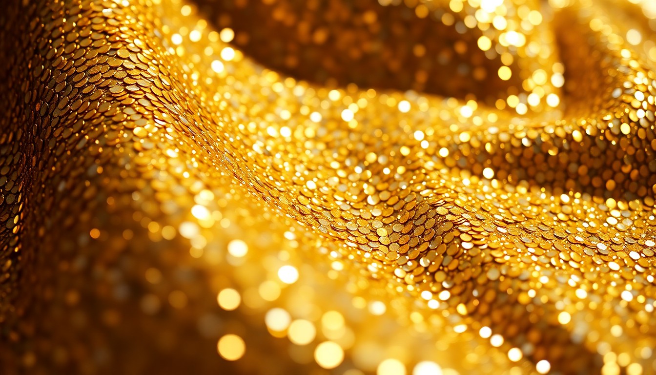 An extreme close-up photograph of shimmering gold sequins and metallic textures, capturing the high-fashion glamour and vibrant energy of a major awards show.