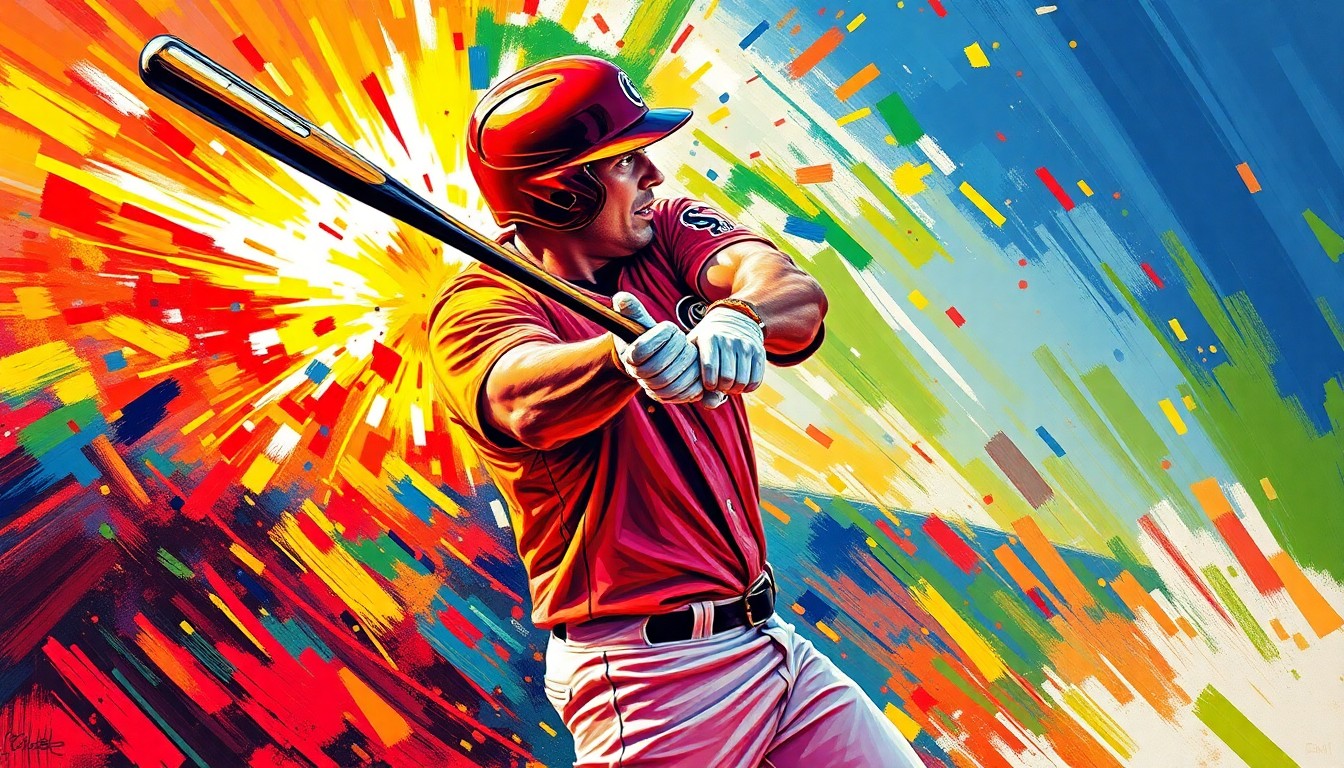 An abstract, expressionist painting depicting the powerful swing and motion of a baseball player hitting a home run, with vibrant neon colors and energetic brushstrokes capturing the raw athleticism of the moment.