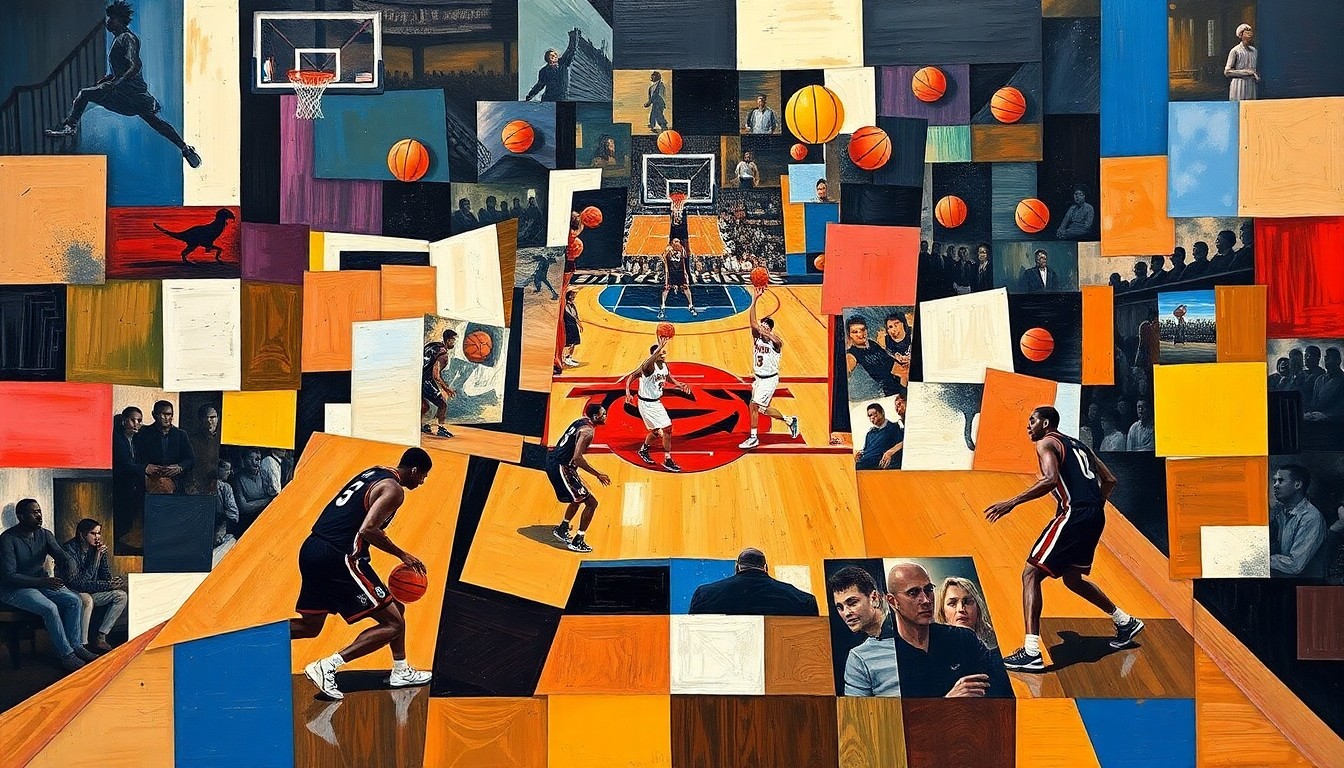 A cubist, geometric painting depicting the final moments of the Knicks-Hawks game, with fragmented, overlapping shapes representing the players, basketballs, and court lines in motion.