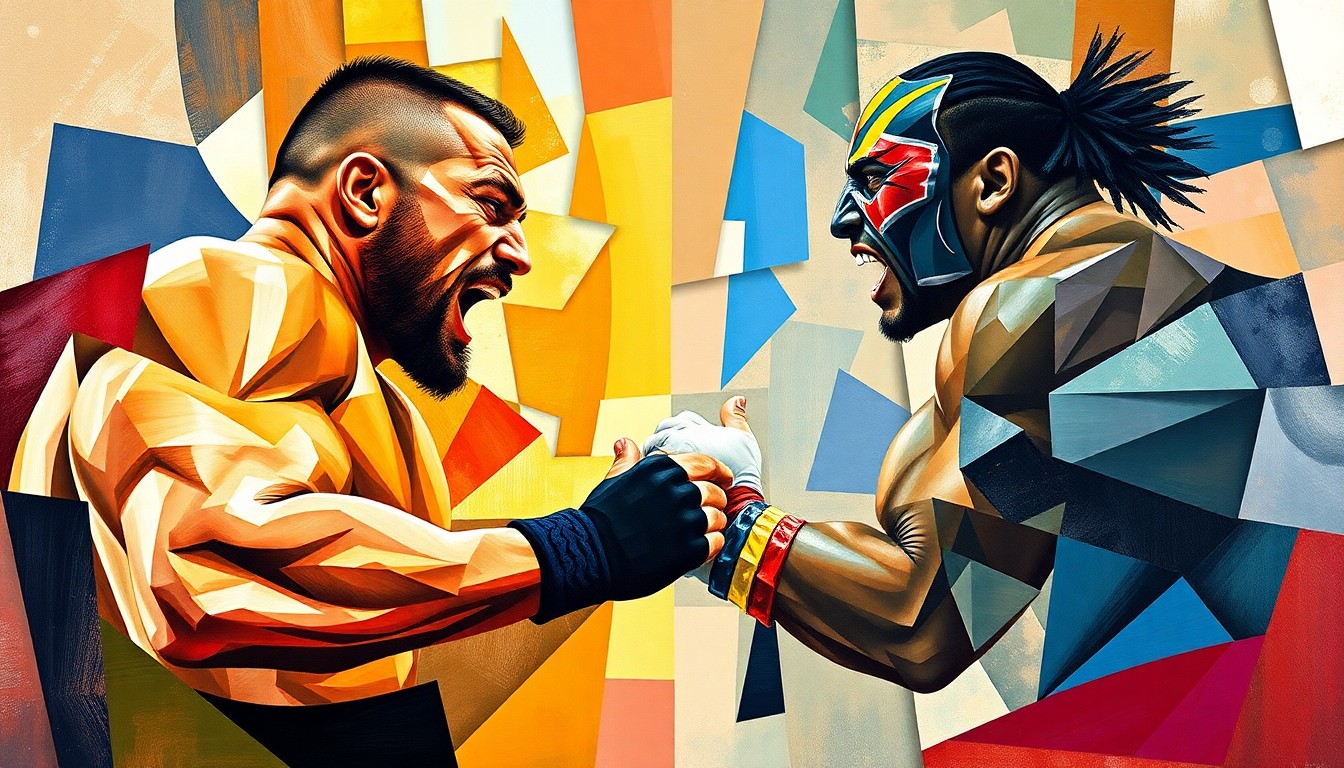 A fractured, multi-perspective painting in the style of Pablo Picasso, breaking down a wrestling match between two figures into sharp, overlapping geometric planes of color, with no recognizable faces or identities.