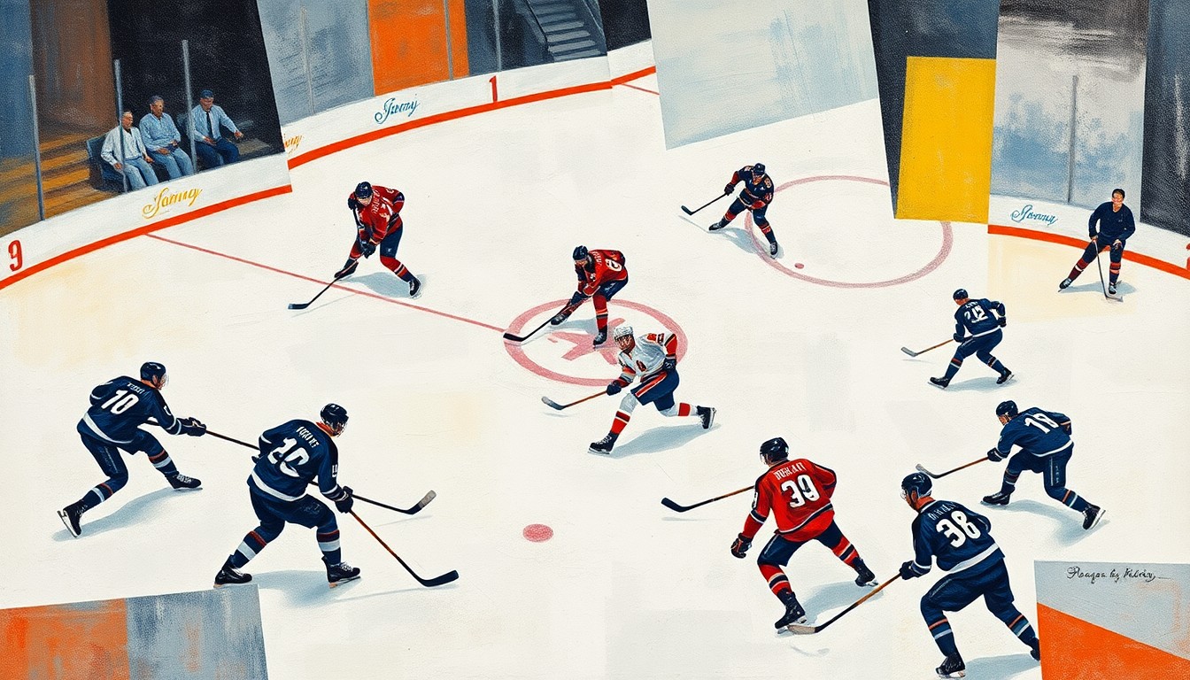 A fragmented, geometric painting depicting the chaotic action of a hockey game, with players' bodies and equipment broken down into sharp, overlapping planes of color and form, conceptually representing the need for inclusive, respectful fan environments in sports.