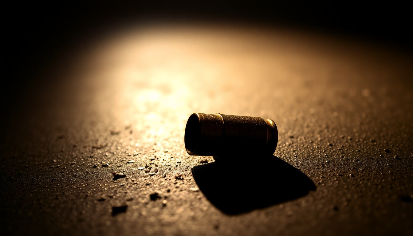 An extreme close-up of a shiny, metallic bullet casing resting on a dark, textured surface, the harsh lighting casting dramatic shadows and highlighting the object's details in a stark, investigative manner.