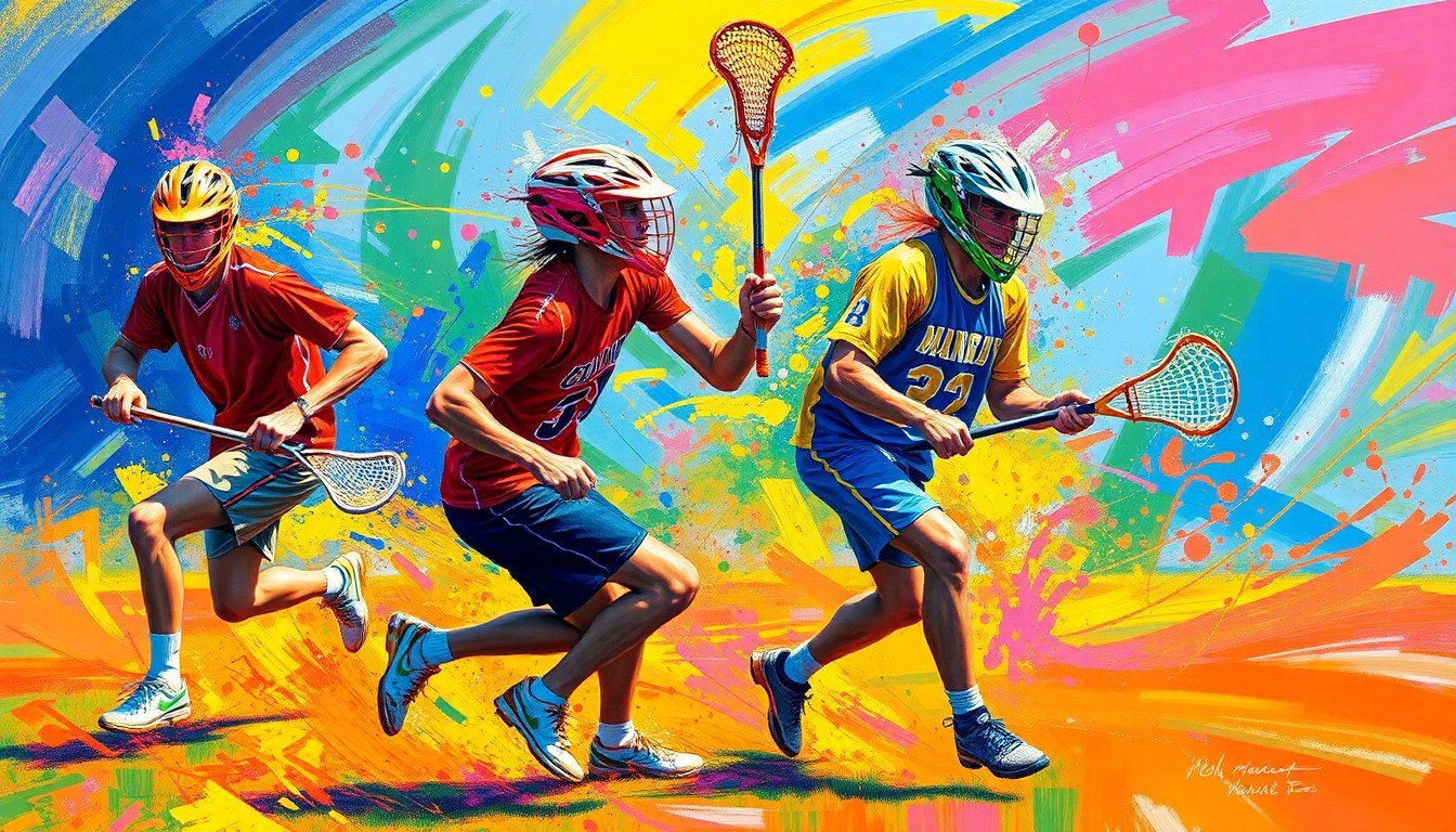 An abstract, textured painting in bright, neon colors depicting the fast-paced motion and energy of a boys lacrosse game, with players' forms dissolving into expressive brushstrokes.