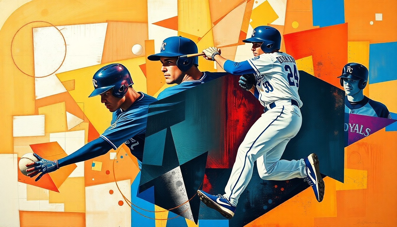 A cubist, geometric painting depicting the various movements and perspectives of the Royals' 5-6-4-3 double play, with sharp, overlapping shapes and planes representing the players' actions.