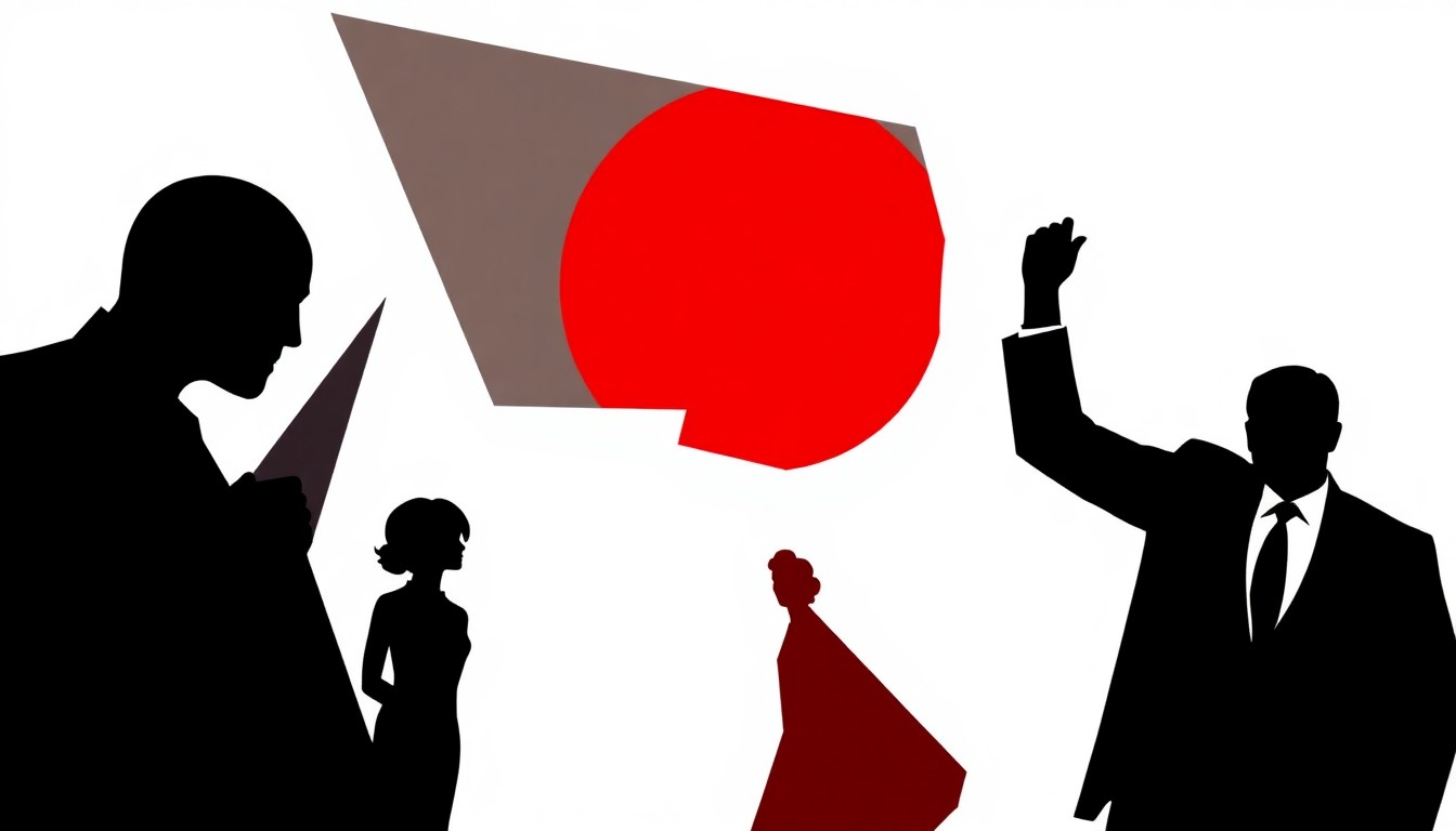 An abstract, minimalist composition featuring stark black silhouettes of two figures against a high-contrast background of bold red and white geometric shapes, conceptually representing the dramatic narrative shifts in The Young and the Restless.