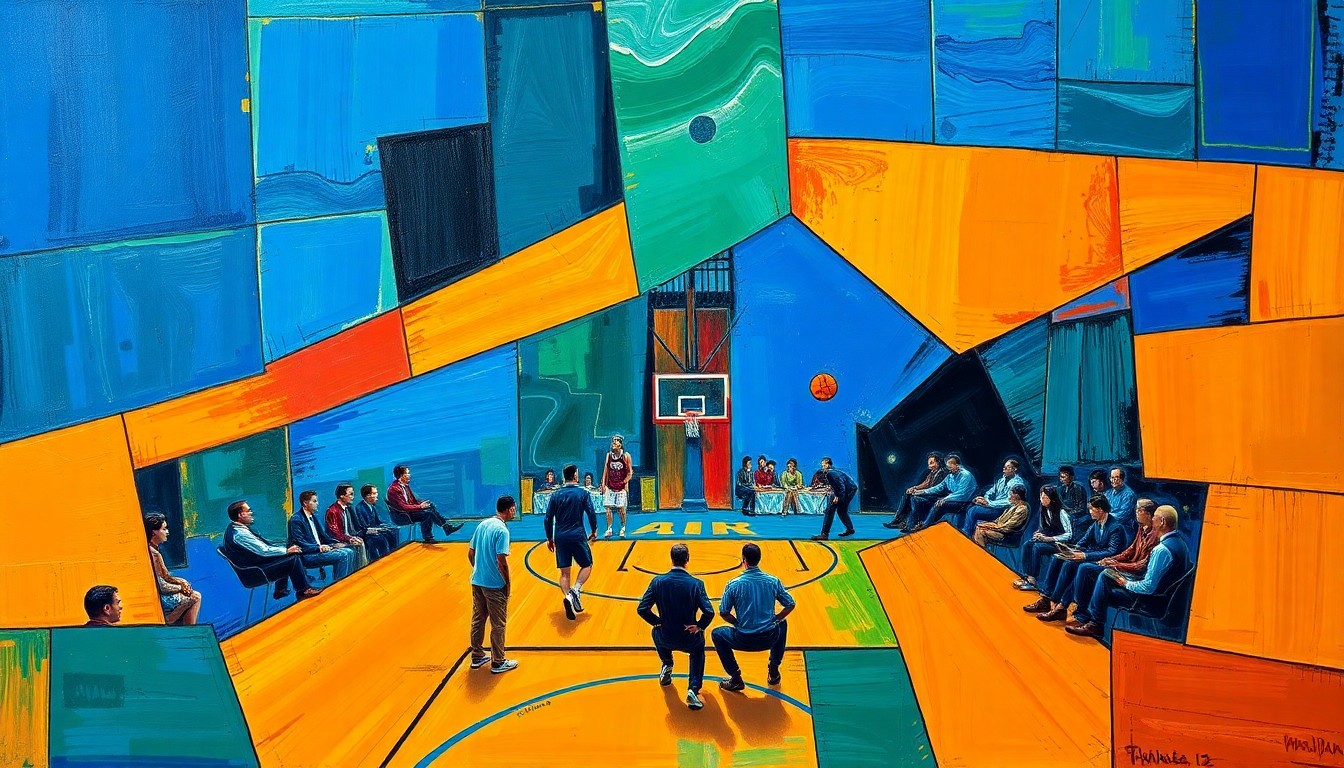 A cubist-style painting featuring overlapping geometric shapes and planes in vibrant colors, conceptually representing the changes in the Bulls' front office.