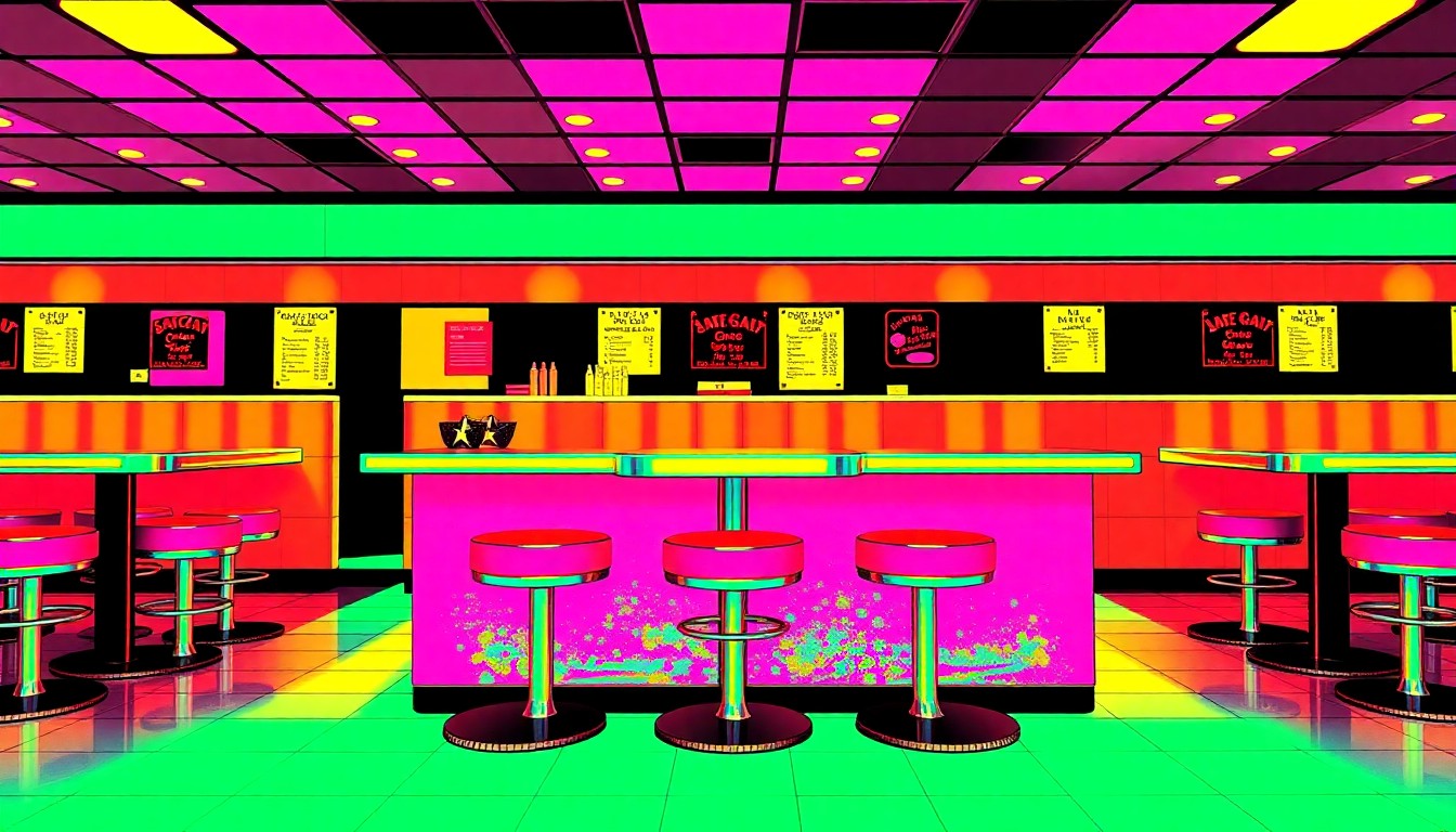 A brightly colored, high-contrast silkscreen print of a classic 1950s-style diner counter and stools, repeated in a tight grid pattern, conceptually representing the vibrant community spirit and nostalgia surrounding the threatened Ted's Frostop diner.
