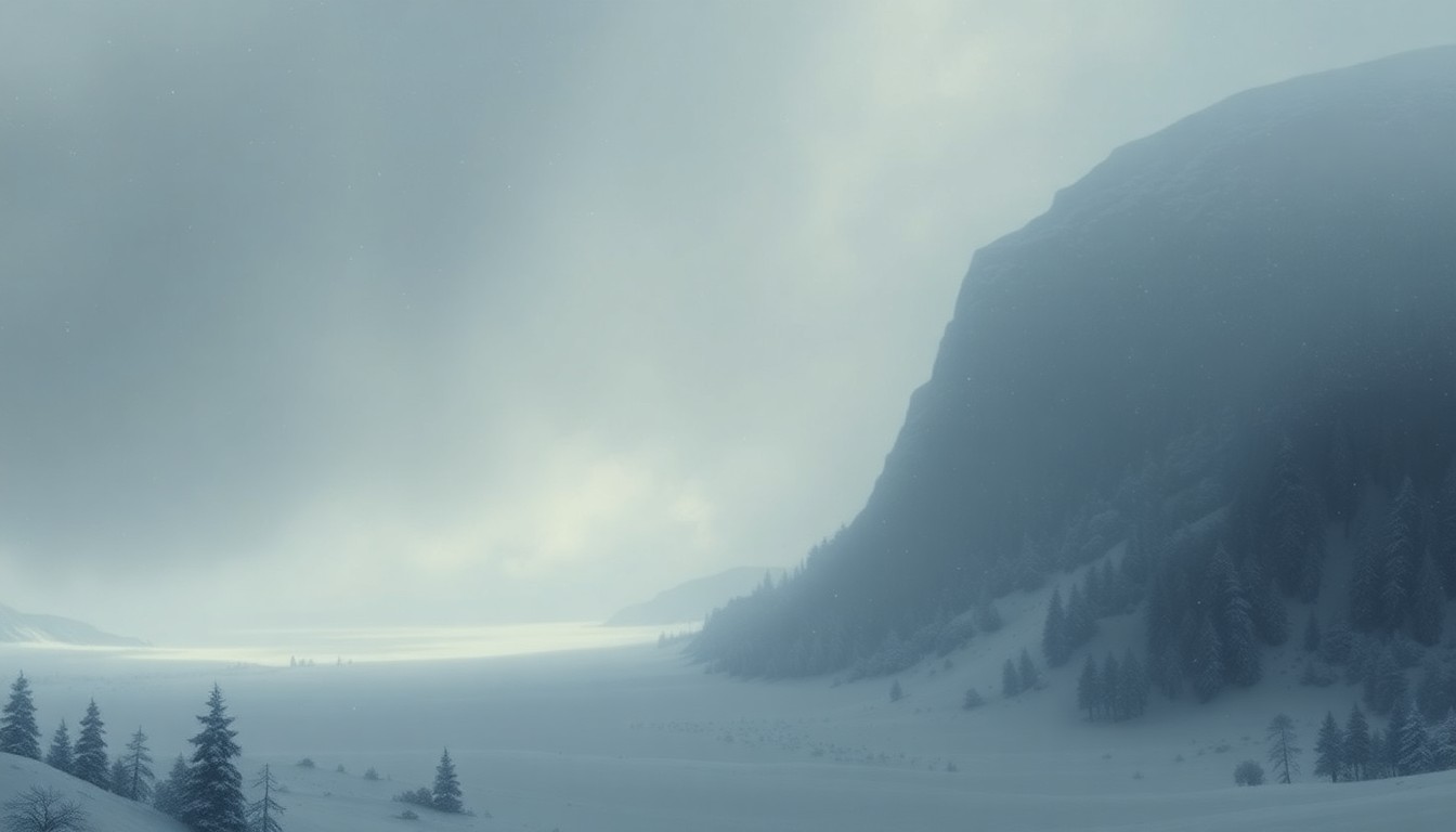 A vast, atmospheric landscape painting in muted tones of gray, white, and blue, depicting a heavy snowfall obscuring the details of the cityscape below and creating a sense of overwhelming scale and sublime beauty.