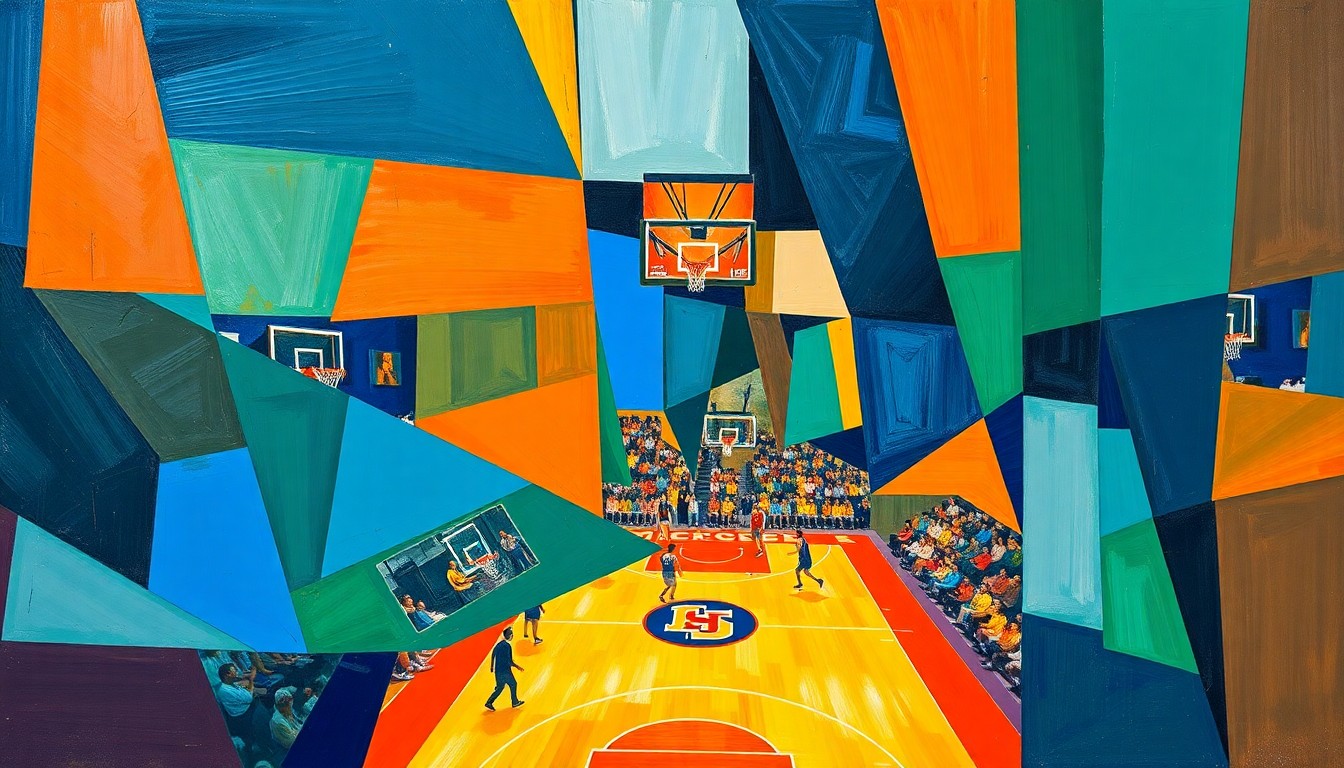 A fragmented, geometric painting in bold blues, oranges, and greens depicts the overlapping movements and perspectives of a college basketball game, conveying the sport's fast-paced action and tactical depth.