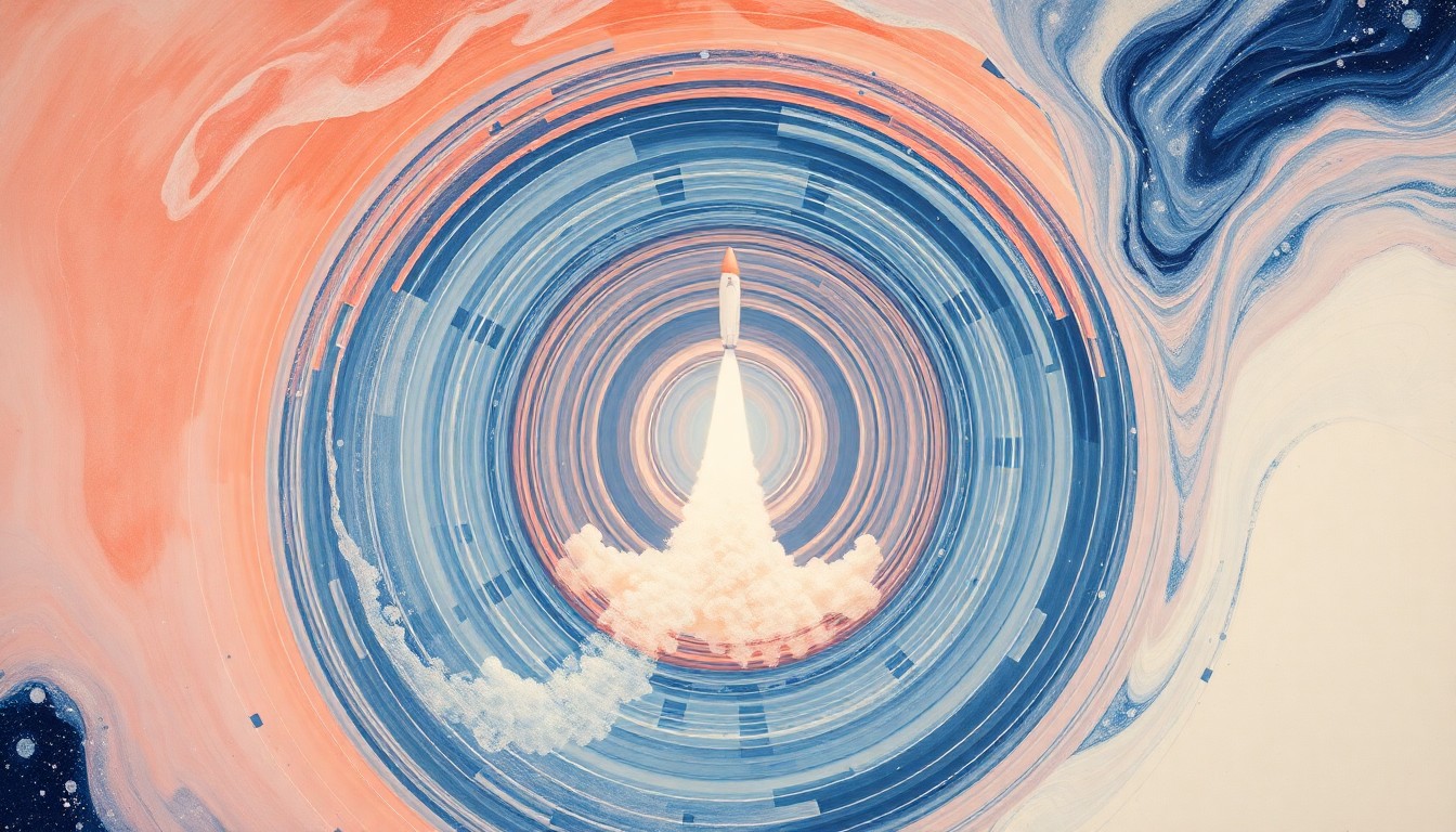 A highly textured, abstract painting in soft pastel colors depicting sweeping geometric arcs, concentric circles, and precise botanical spirals, conceptually representing the intricate atmospheric forces and ice crystal formations created by a rocket launch.