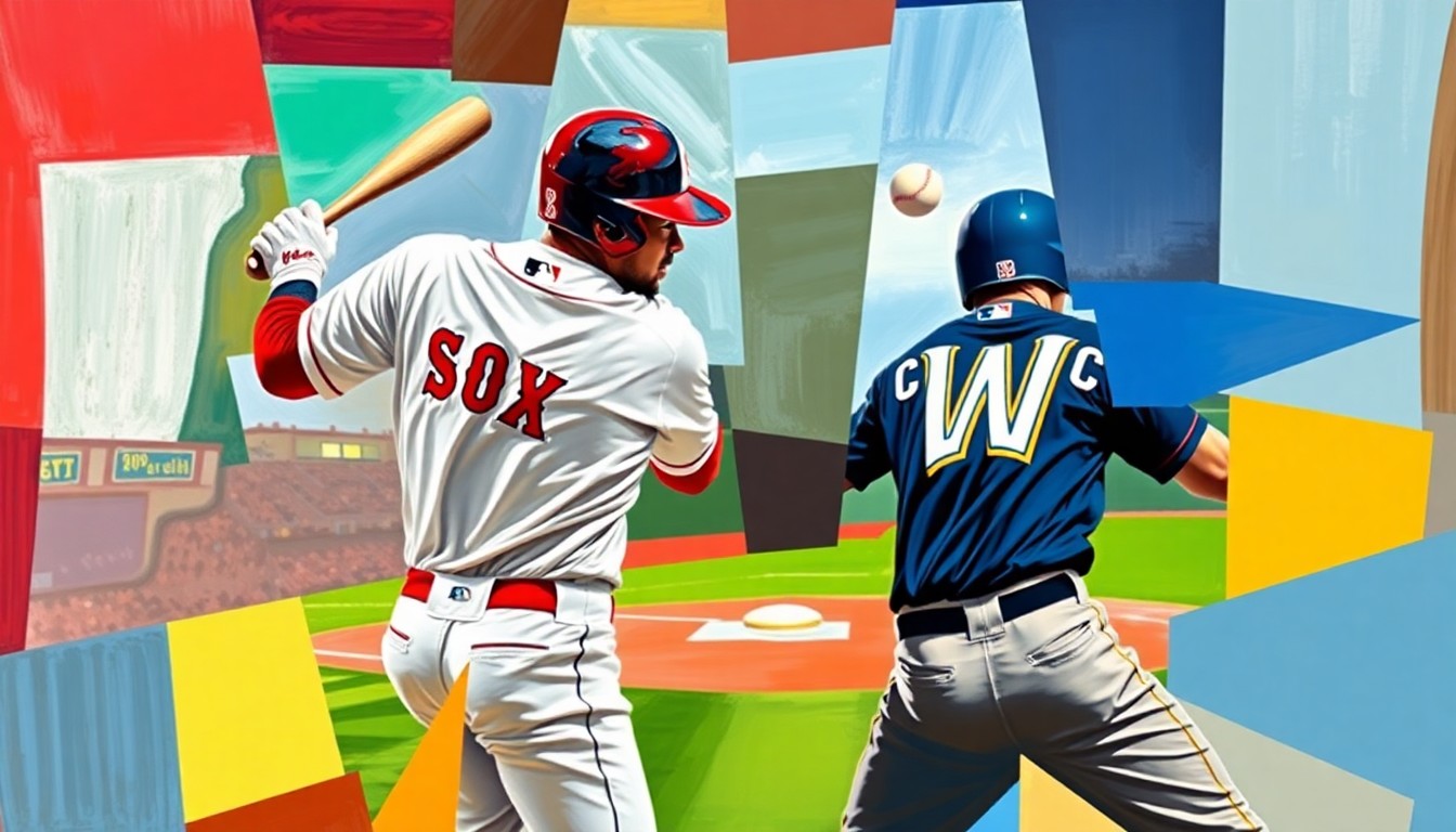 A fractured, geometric painting depicting a baseball player being struck by a pitch, with the player's body and the ball broken down into sharp, overlapping planes of color representing the Red Sox and Brewers uniforms.
