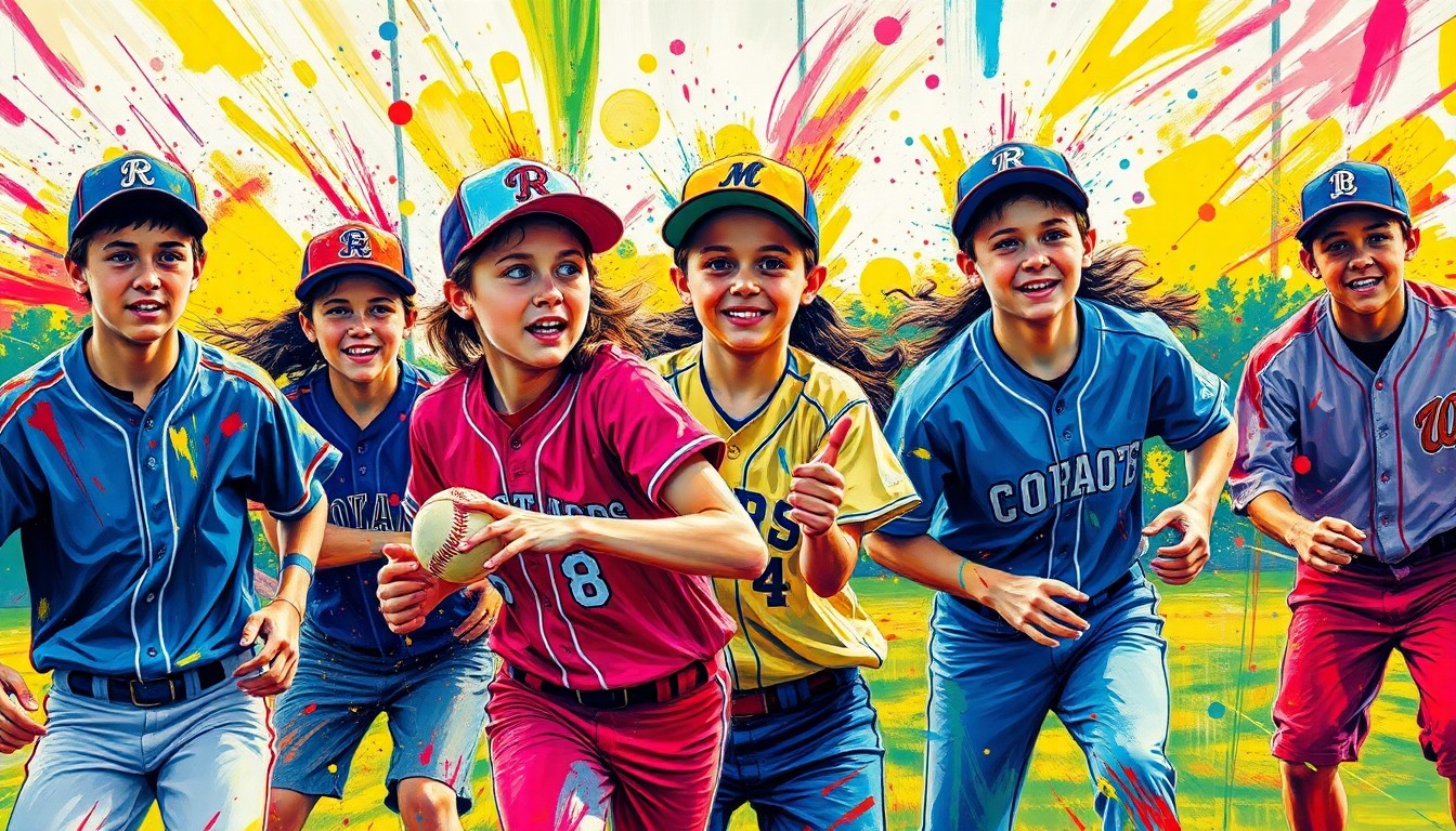 An abstract, expressionist painting in neon colors depicts the dynamic motion and energy of a high school softball game, with players' forms dissolving into vibrant brushstrokes.