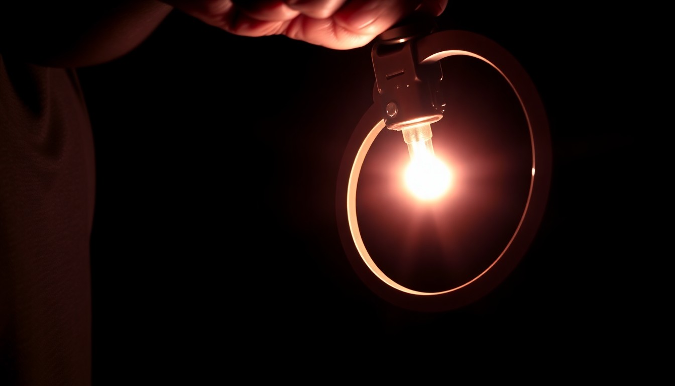 An extreme close-up photograph of a handcuff or other police equipment, lit by a harsh, direct camera flash against a pitch-black background, creating a stark, gritty, investigative aesthetic.