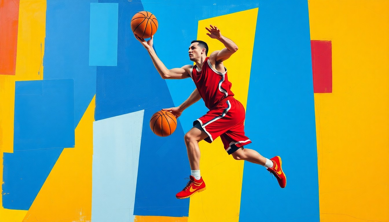 A cubist-style painting depicting a basketball player in motion, with their body broken down into sharp, overlapping geometric shapes in vibrant colors, conveying the energy and dynamism of the sport.
