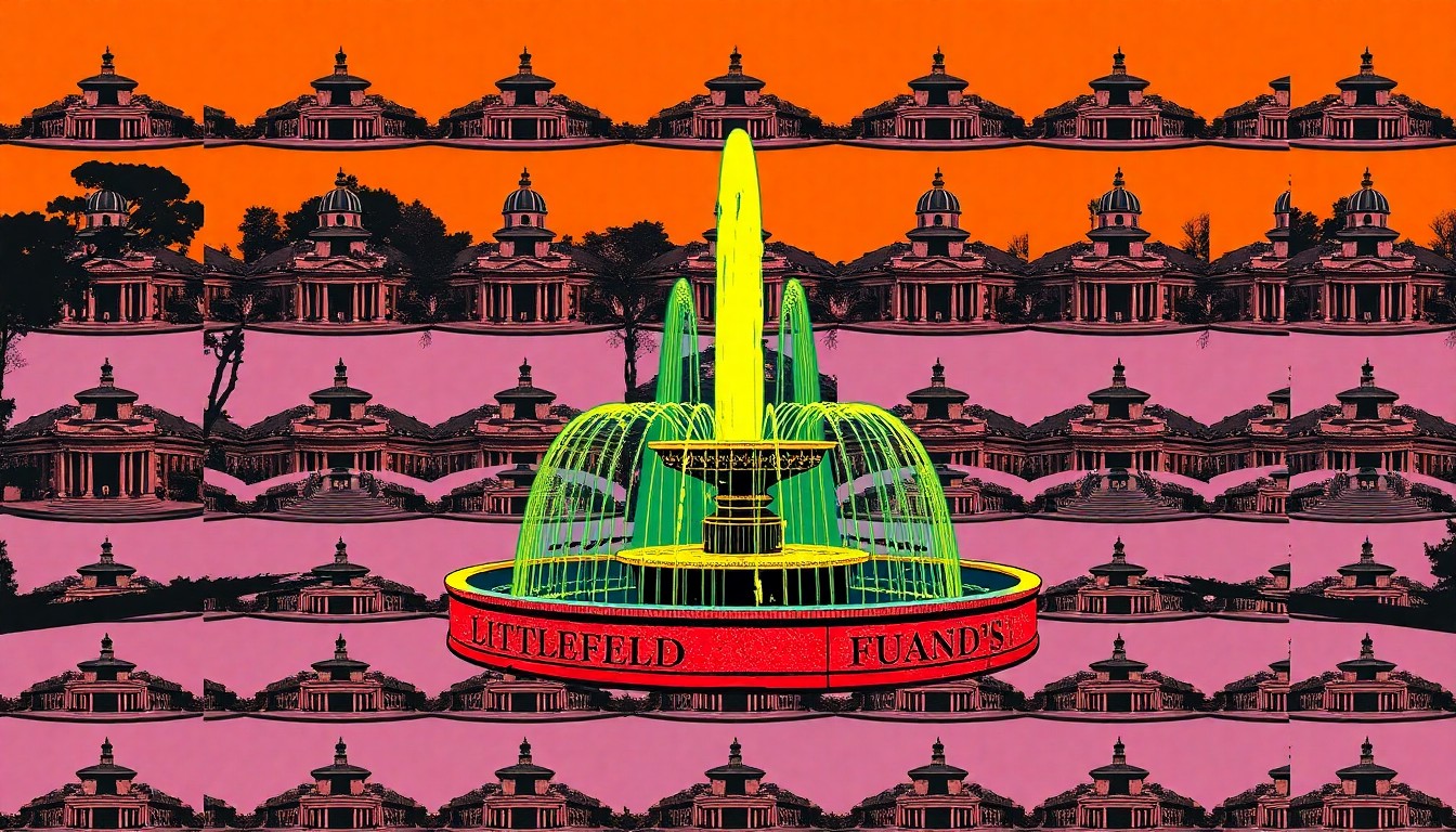 A brightly colored, high-contrast silkscreen print featuring the Littlefield Fountain repeated in a tight grid pattern, utilizing vibrant neon color palettes and heavy black outlines to transform this landmark into a modern pop art composition.