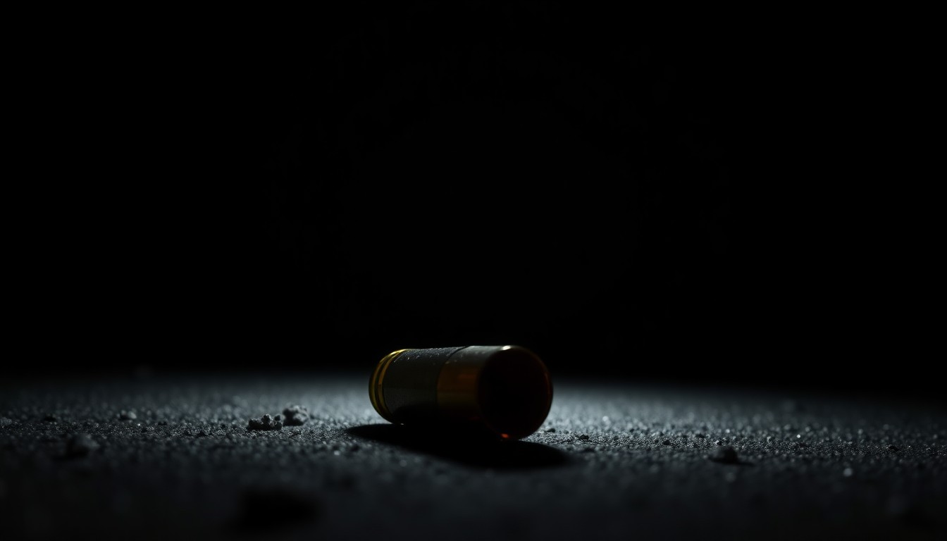 An extreme close-up photograph of a single bullet casing on the ground, lit by a harsh, direct camera flash against a pitch-black background, creating a stark, gritty, investigative aesthetic that conceptually represents the shooting incident at the councilman's home.