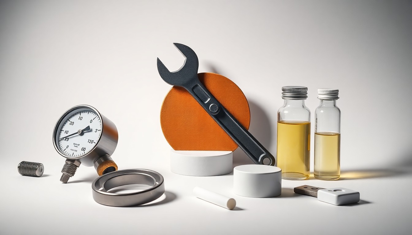 A photorealistic studio still life featuring a pressure gauge, wrench, and sample vial arranged on a clean, monochromatic background, conceptually representing the abstract themes of corporate responsibility and public health impacts related to the Valero refinery explosion.