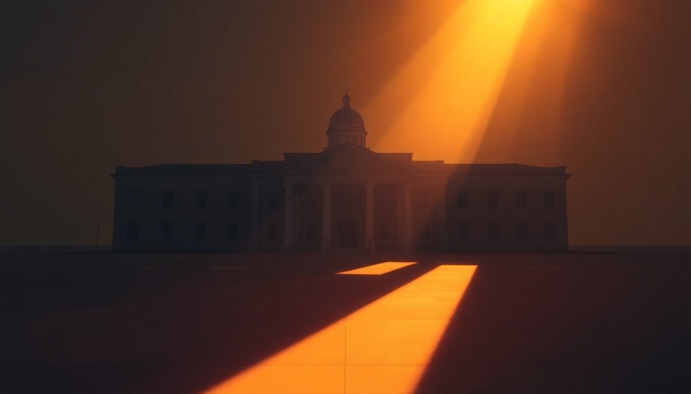 A serene, photorealistic painting of an empty county courthouse or government building, with warm sunlight streaming through the windows and deep shadows cast across the facade, creating a contemplative, nostalgic mood that reflects the financial challenges facing the local community.