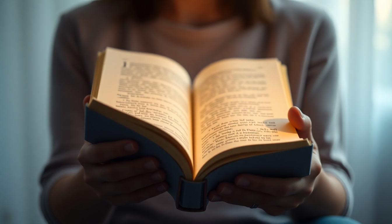 An abstract, out-of-focus photograph of a person's hands holding an open book, the pages softly illuminated by a warm, hazy light, conveying a sense of introspection and the power of the written word to provide comfort and resilience.