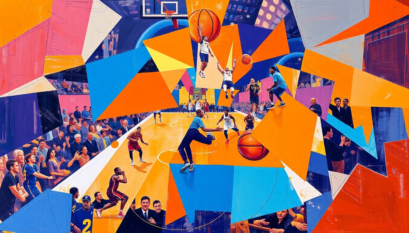 A vibrant, abstract painting featuring sharp, overlapping geometric shapes in shades of orange, blue, and purple, conceptually representing the high-scoring basketball game between the Cavaliers and Grizzlies.