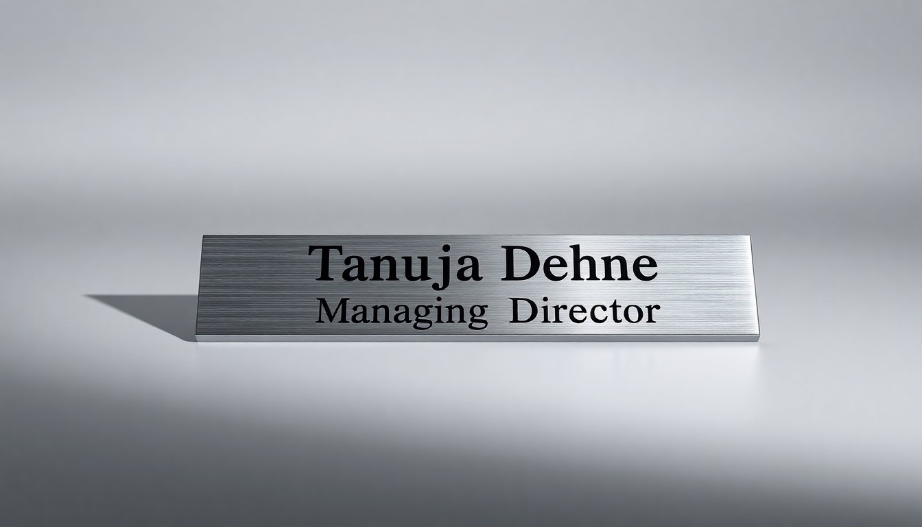 A photorealistic studio still-life image featuring a polished metal desk nameplate with the text 'Tanuja Dehne, Managing Director' placed on a clean, monochromatic background, using dramatic lighting and shadows to represent Dehne's new leadership role and advisory expertise.