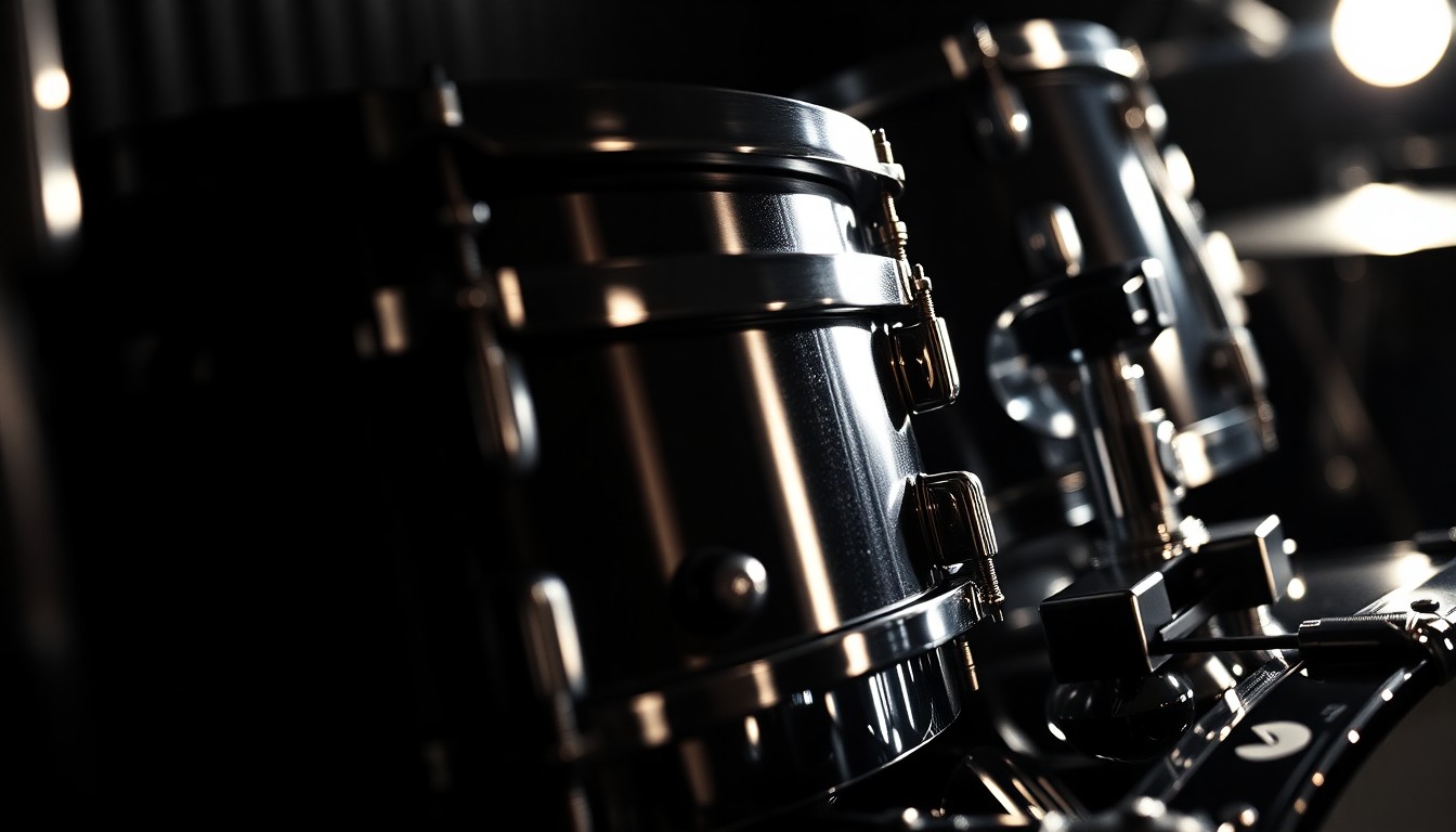 An extreme close-up photograph of a drum kit, capturing the intricate textures and reflections of the metal hardware in a dramatic, high-contrast studio lighting setup. The image conveys a sense of reverence and celebration for the art of drumming, without depicting any identifiable individuals.
