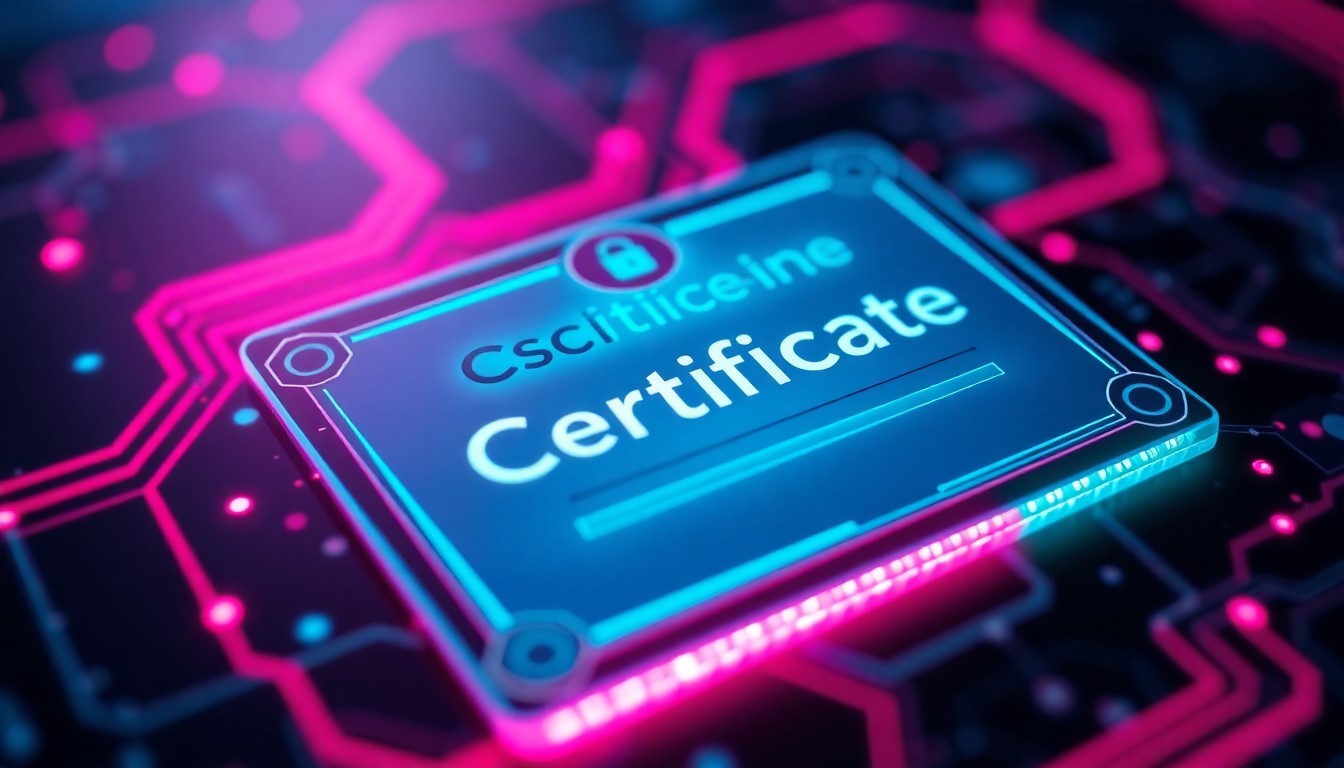 A highly detailed, glowing 3D illustration of a digital certificate, with neon cyan and magenta lights illuminating the intricate cybernetic hardware, conceptually representing the advanced technology behind CSC's certificate lifecycle management services.
