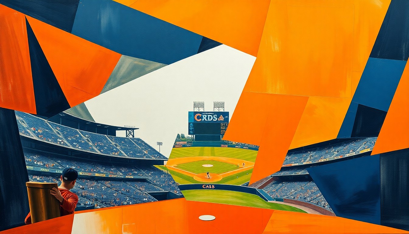 A fragmented, geometric painting depicting a baseball game in motion, with sharp planes of color representing the players, field, and action.