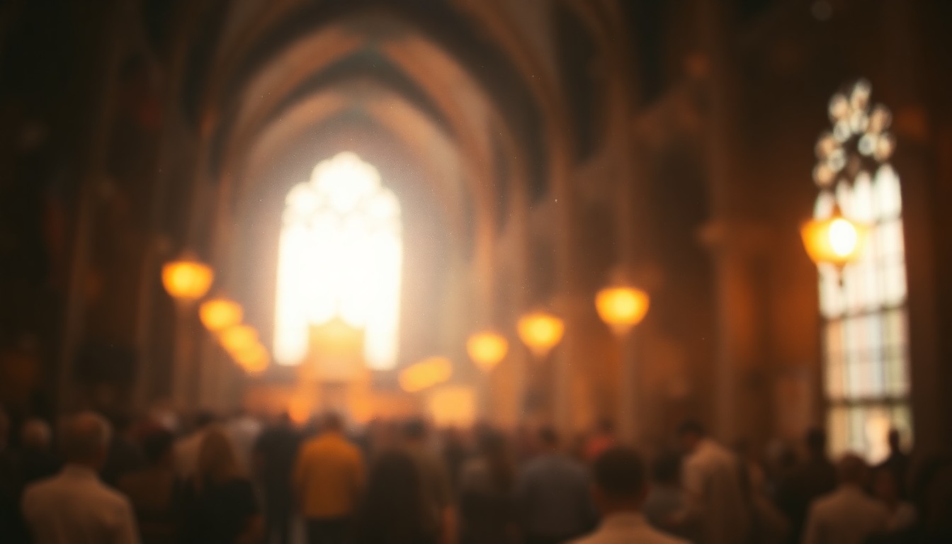 An abstract, impressionistic photograph of a crowded church interior, with soft, blurred shapes in warm tones of gold, amber, and crimson, conveying a sense of energy and spiritual renewal.