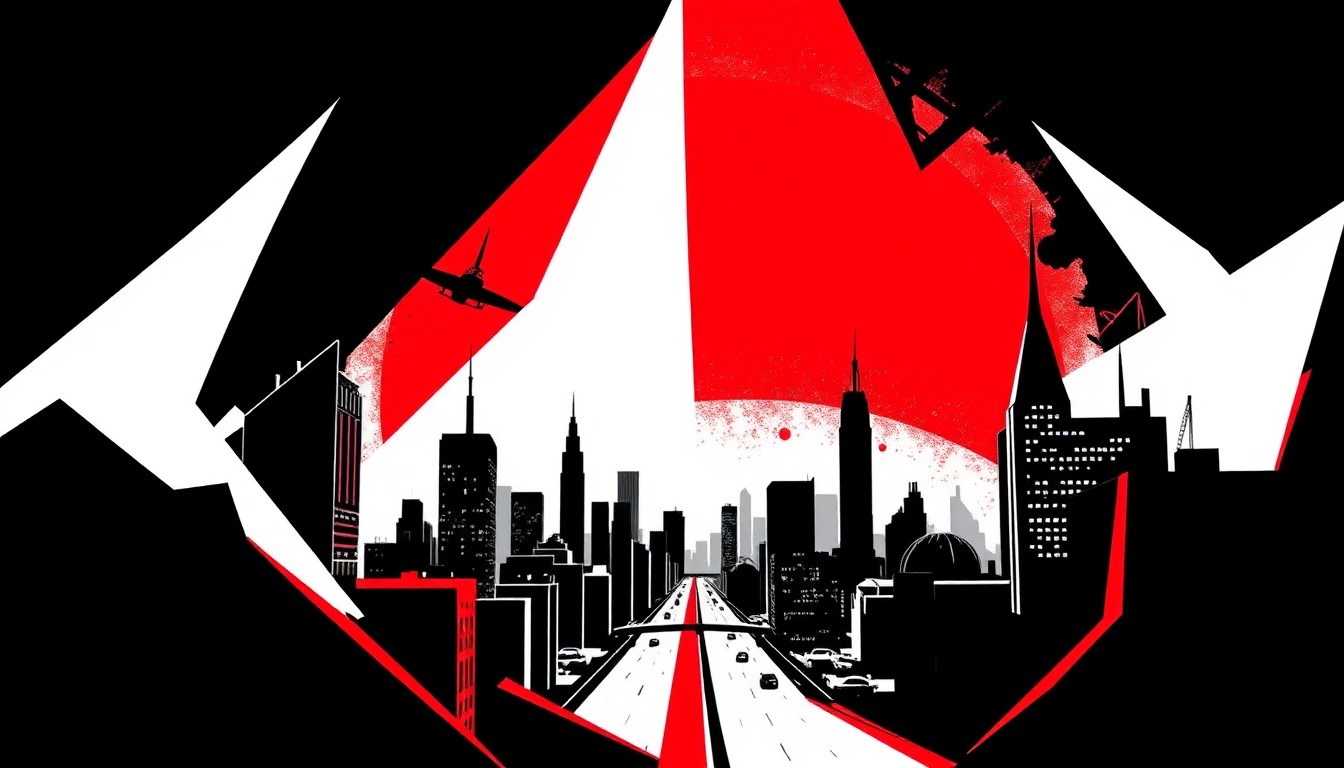 An abstract illustration featuring bold, angular black shapes against a bright red background, conceptually representing a reality TV personality exploring a new city.