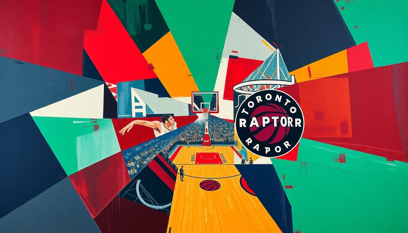 A cubist, geometric painting depicting a basketball game between the Miami Heat and Toronto Raptors, with the players and court broken down into sharp, overlapping planes of color.
