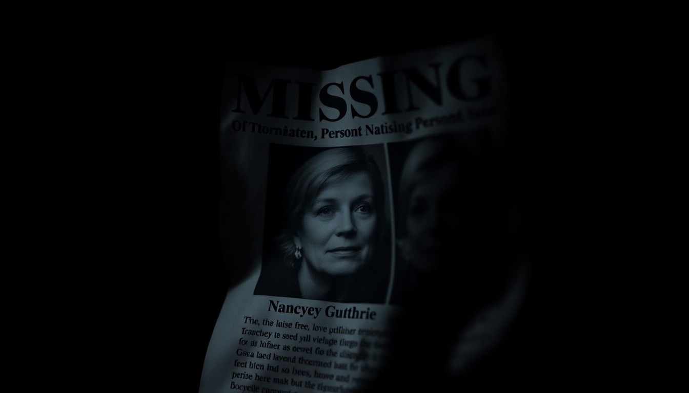 An extreme close-up photograph of a crumpled missing persons flyer with a woman's face visible, lit by a harsh, direct camera flash against a pitch-black background, conceptually representing the mystery and frustration surrounding the unsolved Nancy Guthrie disappearance case.