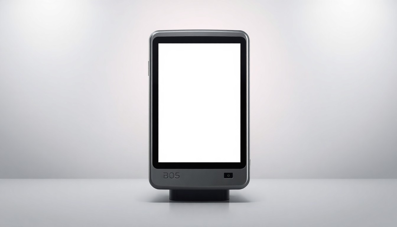 A highly detailed, photorealistic studio still life of a modern bus fare payment terminal made of polished metal and glass, floating on a clean, monochromatic background and dramatically lit to showcase the premium materials and design.