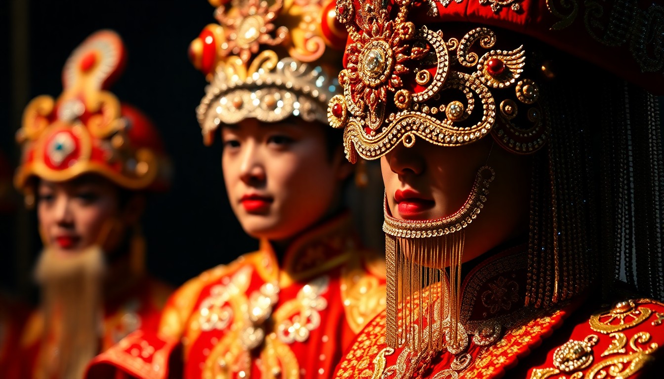 An extreme close-up photograph of ornate, glittering Chinese opera costumes and accessories, such as embroidered fabrics, jeweled headpieces, and flowing silk ribbons, captured in dramatic, high-contrast studio lighting to evoke the opulent, vibrant aesthetic of Shen Yun's performances.