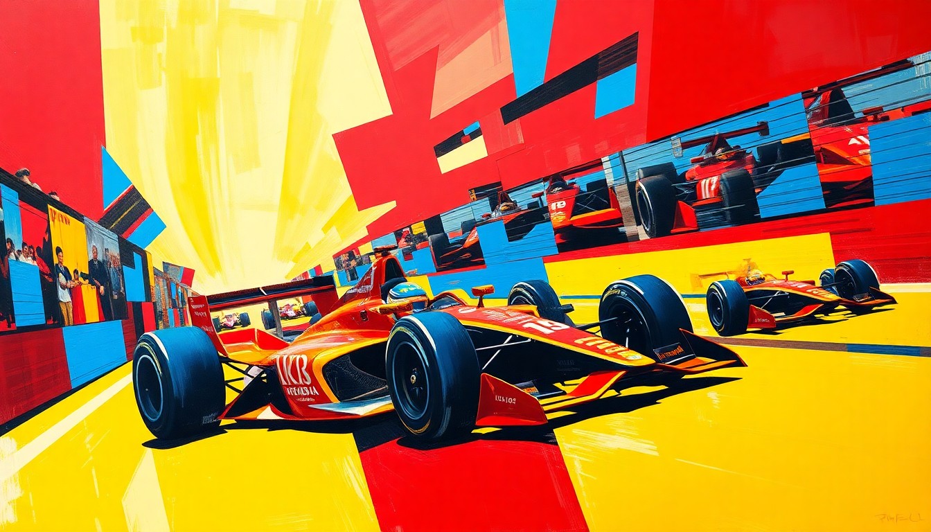 A cubist-style painting depicting an IndyCar race broken down into overlapping geometric shapes and planes of bright red, blue, and yellow, conveying the high-energy and competitive spirit of the event.