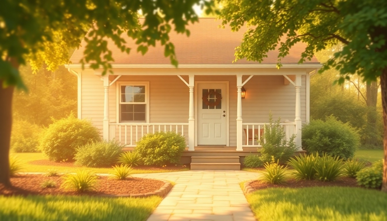 An extremely abstracted, out-of-focus photograph in soft pools of warm light and color, depicting the exterior of a single-story home with a covered front porch and lush greenery, conceptually representing the charming curb appeal of the property.
