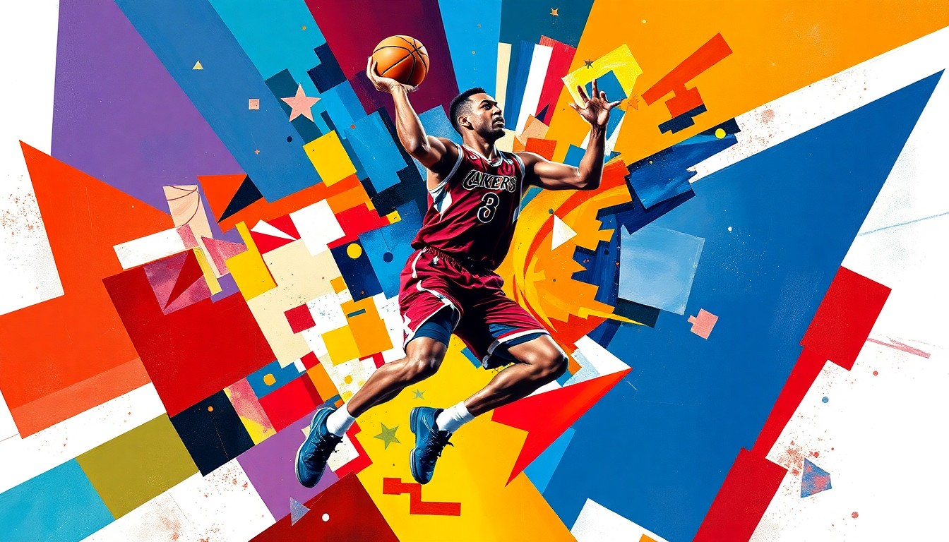 A cubist, geometric painting depicting a basketball player's movements broken down into overlapping planes of color, representing the complexities of an injury-plagued season.