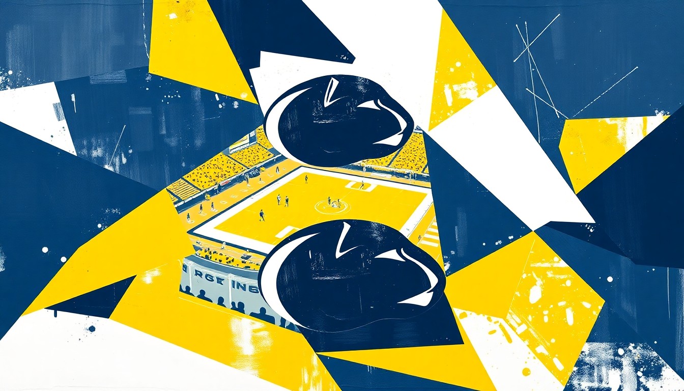 A fragmented, geometric painting depicting the motion and intensity of a Penn State sporting event, with sharp planes of navy, white, and yellow creating a sense of movement and transition.